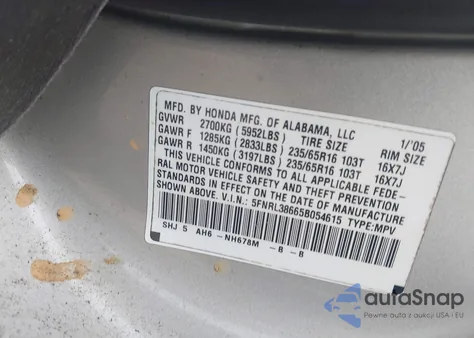 2005 Honda Odyssey Ex-L из США, поврежденный, VIN 5FNRL38665B054615